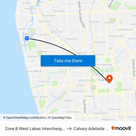 Zone B West Lakes Interchange - West side to Calvary Adelaide Hospital map