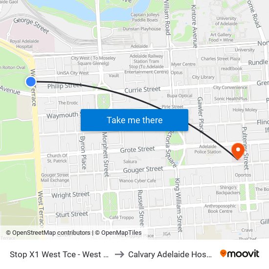 Stop X1 West Tce - West side to Calvary Adelaide Hospital map