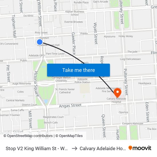 Stop V2 King William St - West side to Calvary Adelaide Hospital map