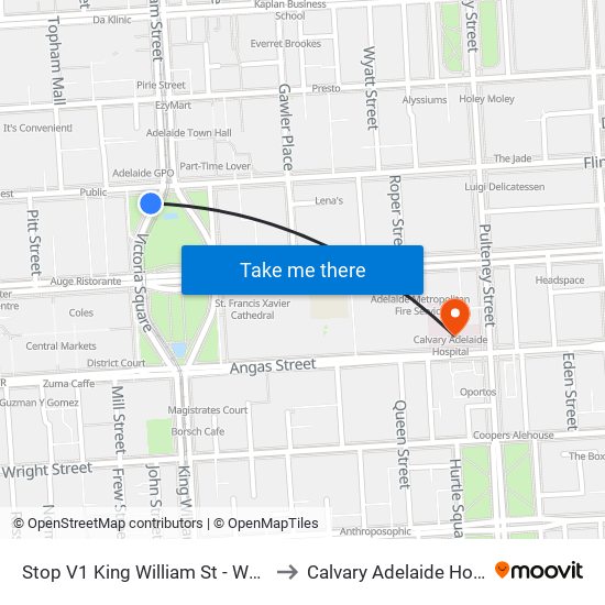 Stop V1 King William St - West side to Calvary Adelaide Hospital map