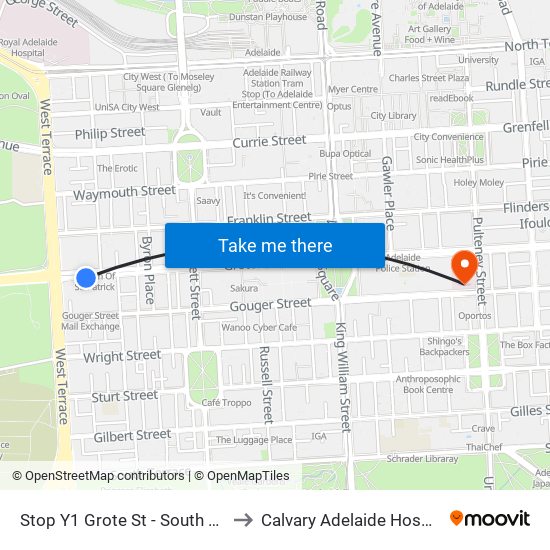 Stop Y1 Grote St - South side to Calvary Adelaide Hospital map