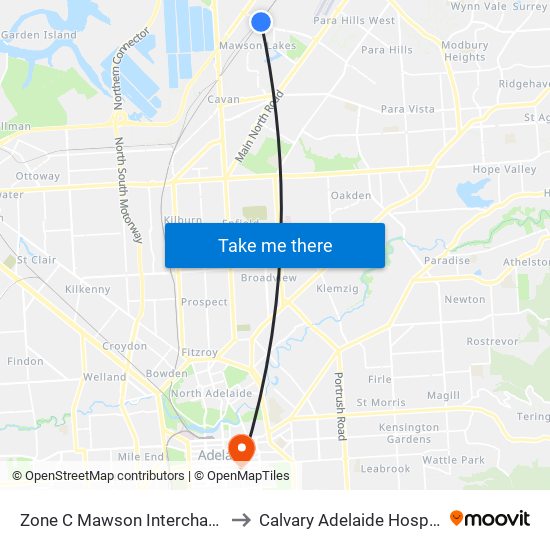 Zone C Mawson Interchange to Calvary Adelaide Hospital map
