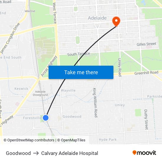 Goodwood to Calvary Adelaide Hospital map