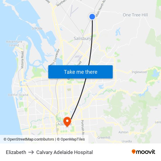 Elizabeth to Calvary Adelaide Hospital map