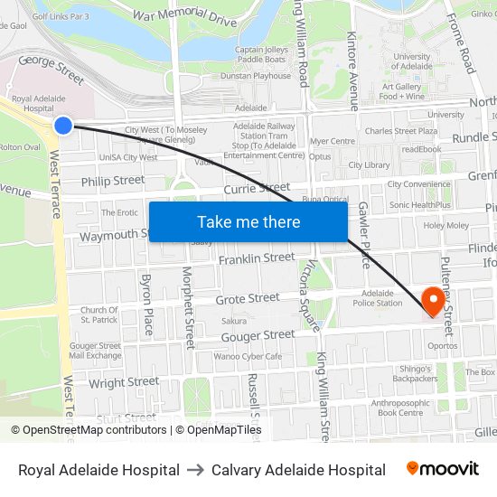 Royal Adelaide Hospital to Calvary Adelaide Hospital map