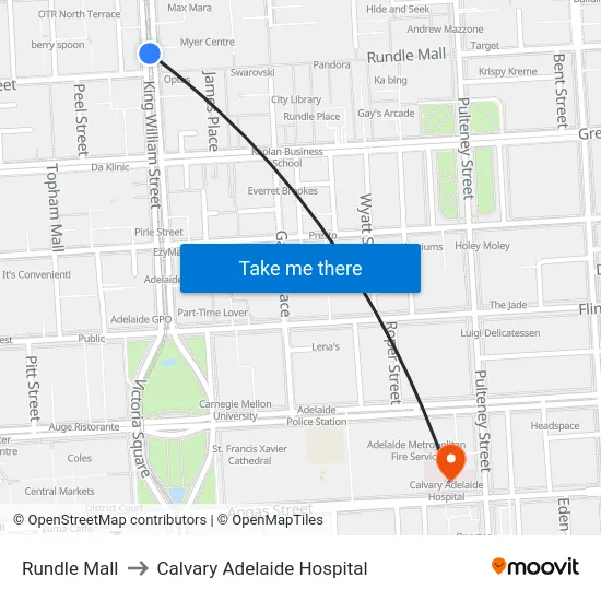 Rundle Mall to Calvary Adelaide Hospital map