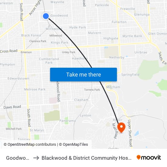 Goodwood to Blackwood & District Community Hospital map