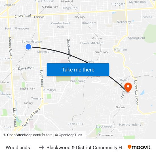 Woodlands Park to Blackwood & District Community Hospital map