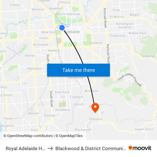 Royal Adelaide Hospital to Blackwood & District Community Hospital map