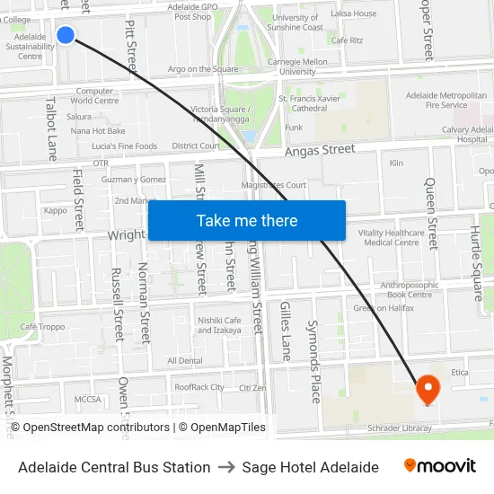 Adelaide Central Bus Station to Sage Hotel Adelaide map