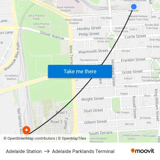 Adelaide Station to Adelaide Parklands Terminal map