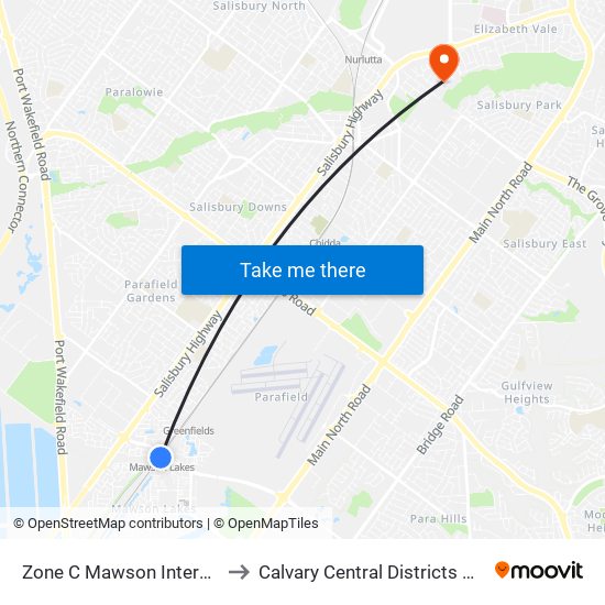 Zone C Mawson Interchange to Calvary Central Districts Hospital map