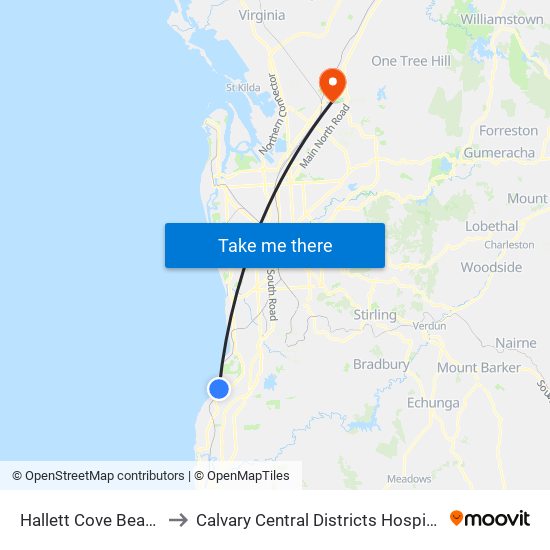 Hallett Cove Beach to Calvary Central Districts Hospital map