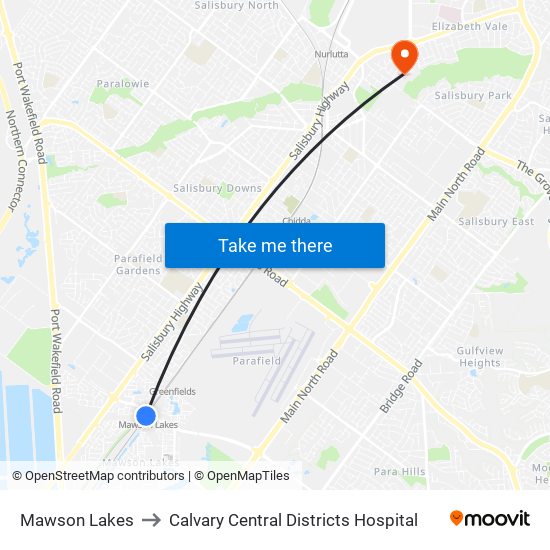 Mawson Lakes to Calvary Central Districts Hospital map