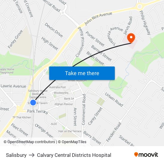 Salisbury to Calvary Central Districts Hospital map