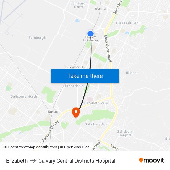 Elizabeth to Calvary Central Districts Hospital map