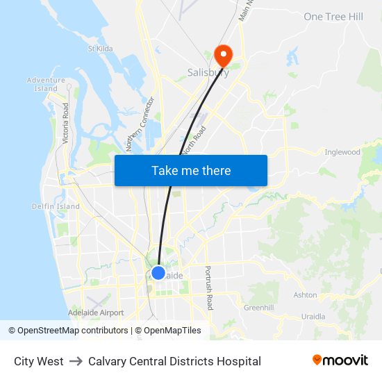 City West to Calvary Central Districts Hospital map