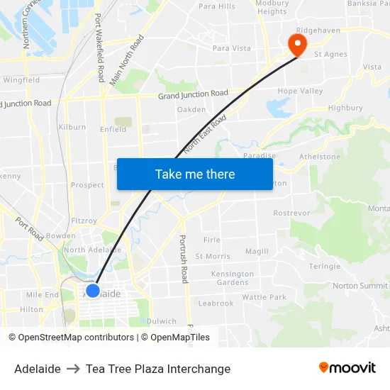 Adelaide to Tea Tree Plaza Interchange map