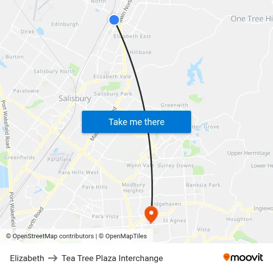 Elizabeth to Tea Tree Plaza Interchange map