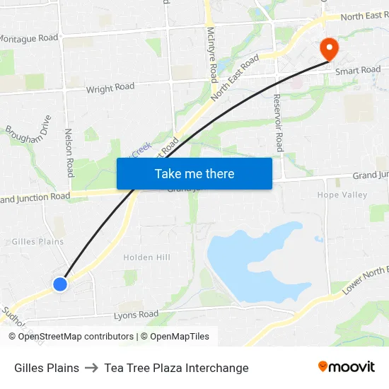 Gilles Plains to Tea Tree Plaza Interchange map