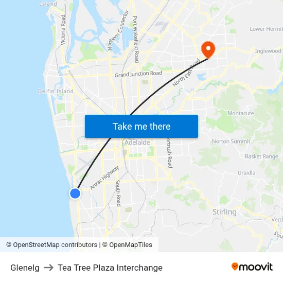 Glenelg to Tea Tree Plaza Interchange map