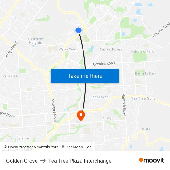 Golden Grove to Tea Tree Plaza Interchange map