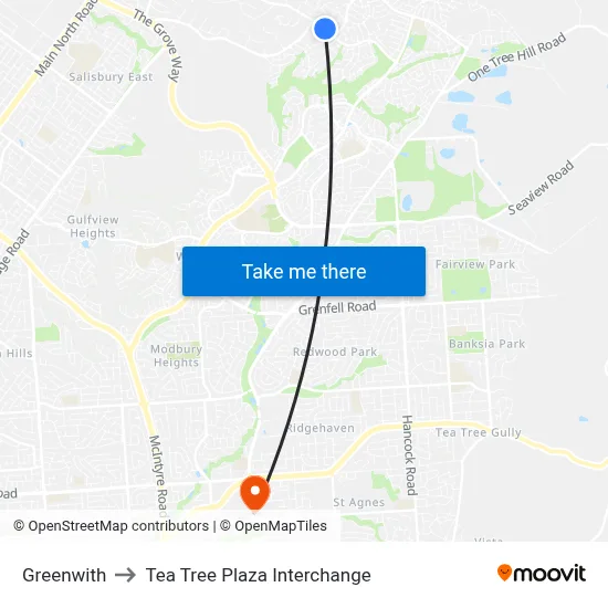 Greenwith to Tea Tree Plaza Interchange map
