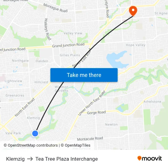 Klemzig to Tea Tree Plaza Interchange map