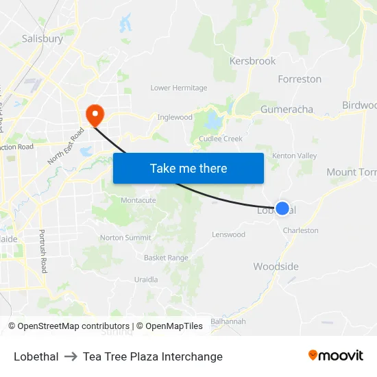 Lobethal to Tea Tree Plaza Interchange map