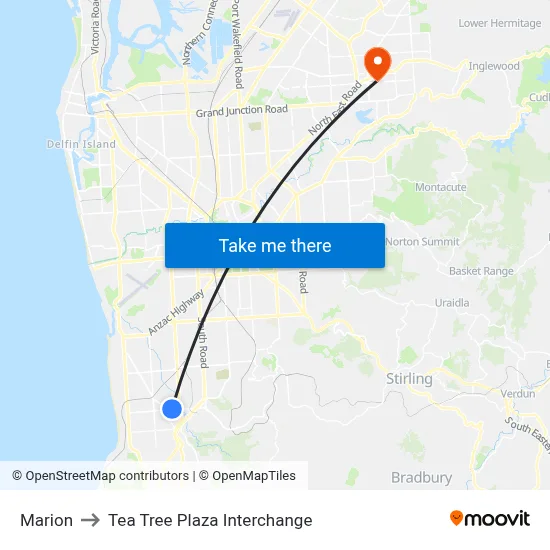 Marion to Tea Tree Plaza Interchange map
