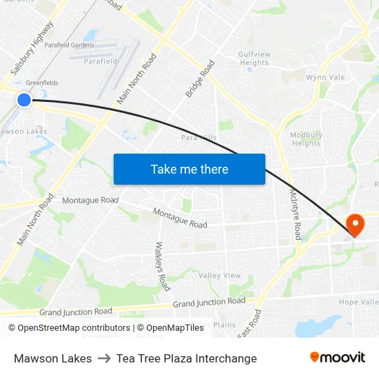 Mawson Lakes to Tea Tree Plaza Interchange map