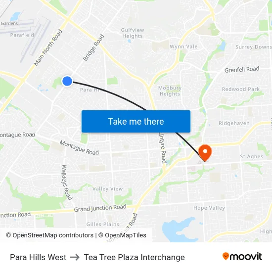 Para Hills West to Tea Tree Plaza Interchange map