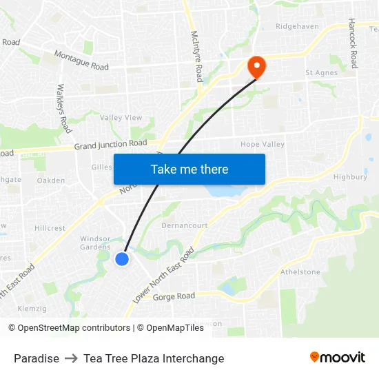 Paradise to Tea Tree Plaza Interchange map