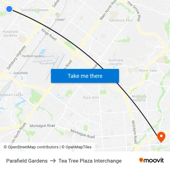 Parafield Gardens to Tea Tree Plaza Interchange map