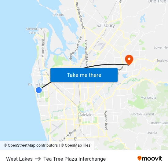 West Lakes to Tea Tree Plaza Interchange map