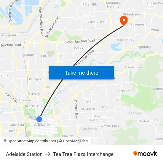 Adelaide Station to Tea Tree Plaza Interchange map