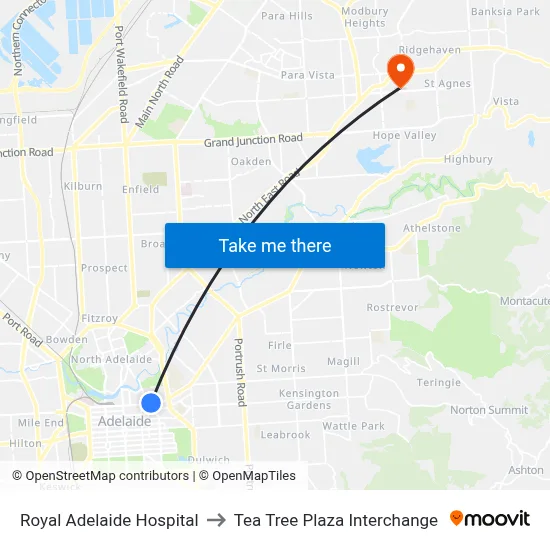 Royal Adelaide Hospital to Tea Tree Plaza Interchange map