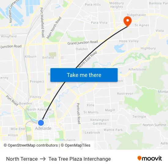 North Terrace to Tea Tree Plaza Interchange map