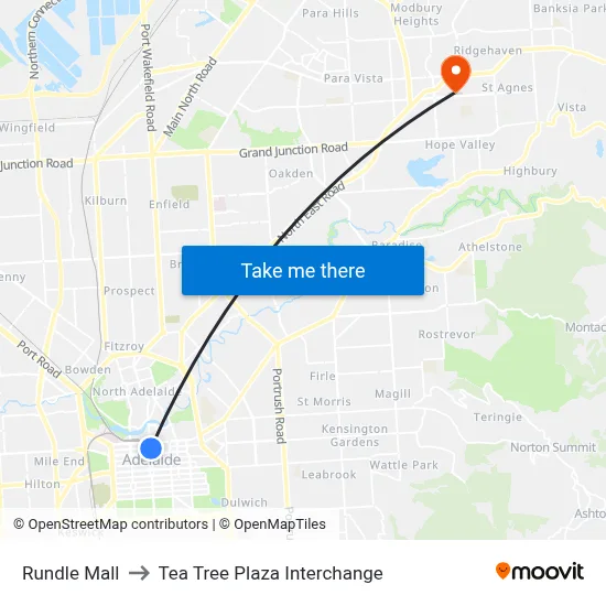 Rundle Mall to Tea Tree Plaza Interchange map