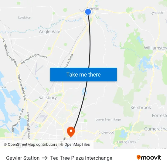 Gawler Station to Tea Tree Plaza Interchange map