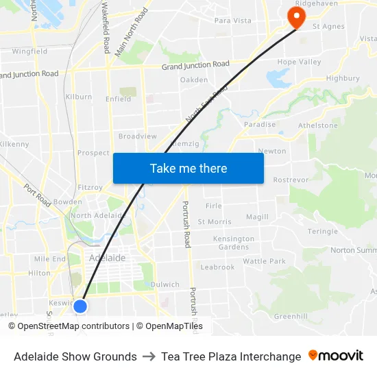Adelaide Show Grounds to Tea Tree Plaza Interchange map