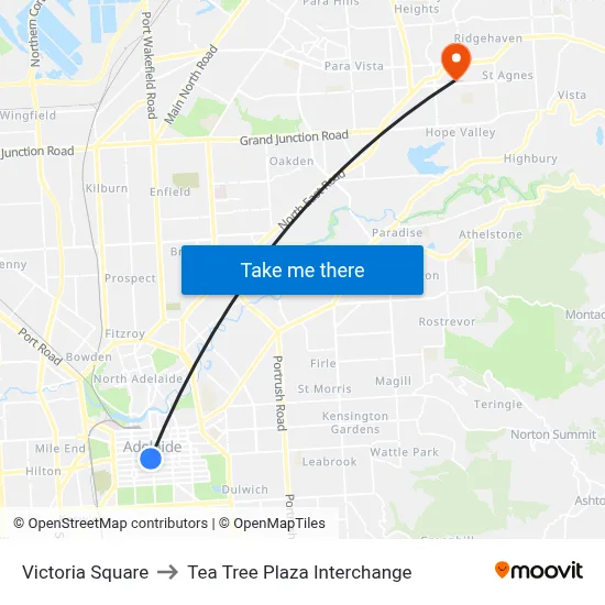 Victoria Square to Tea Tree Plaza Interchange map