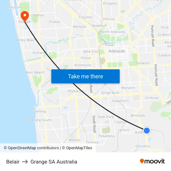 Belair to Grange SA Australia map