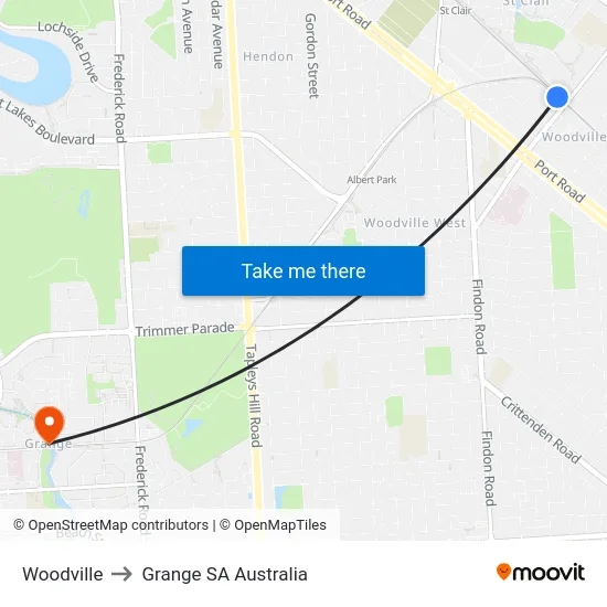 Woodville to Grange SA Australia map
