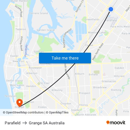 Parafield to Grange SA Australia map