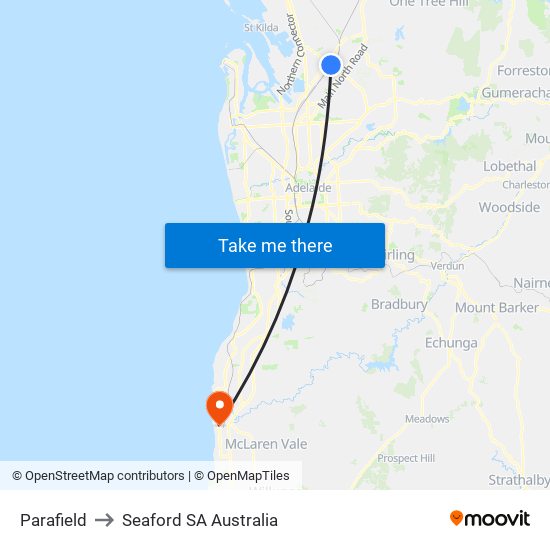 Parafield to Seaford SA Australia map