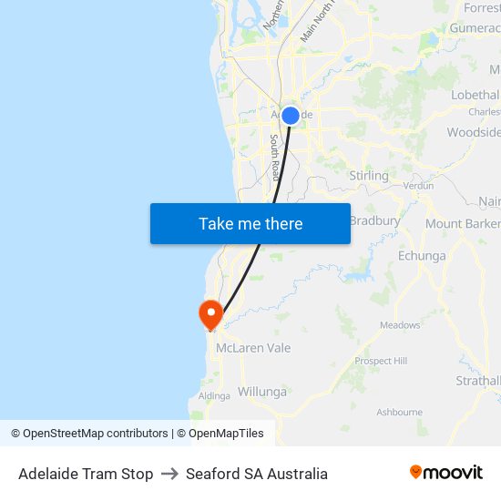 Adelaide Tram Stop to Seaford SA Australia map