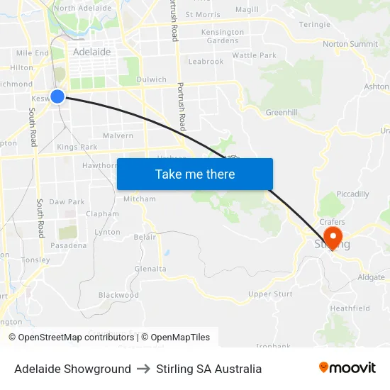 Adelaide Showground to Stirling SA Australia map