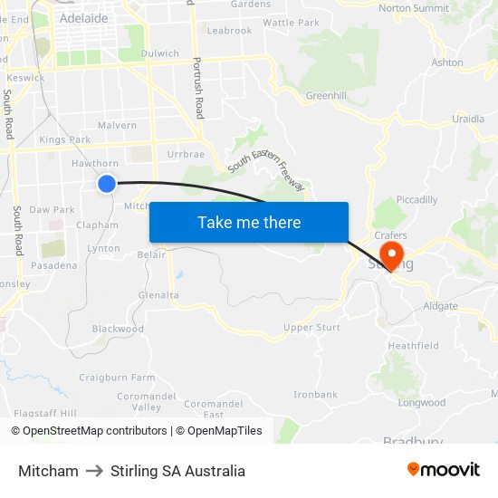 Mitcham to Stirling SA Australia map