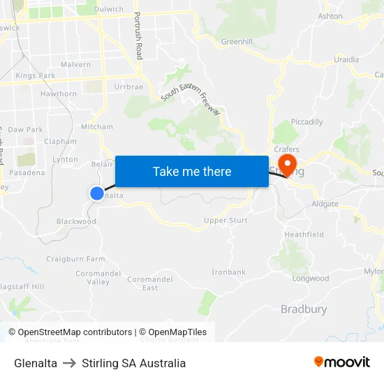 Glenalta to Stirling SA Australia map